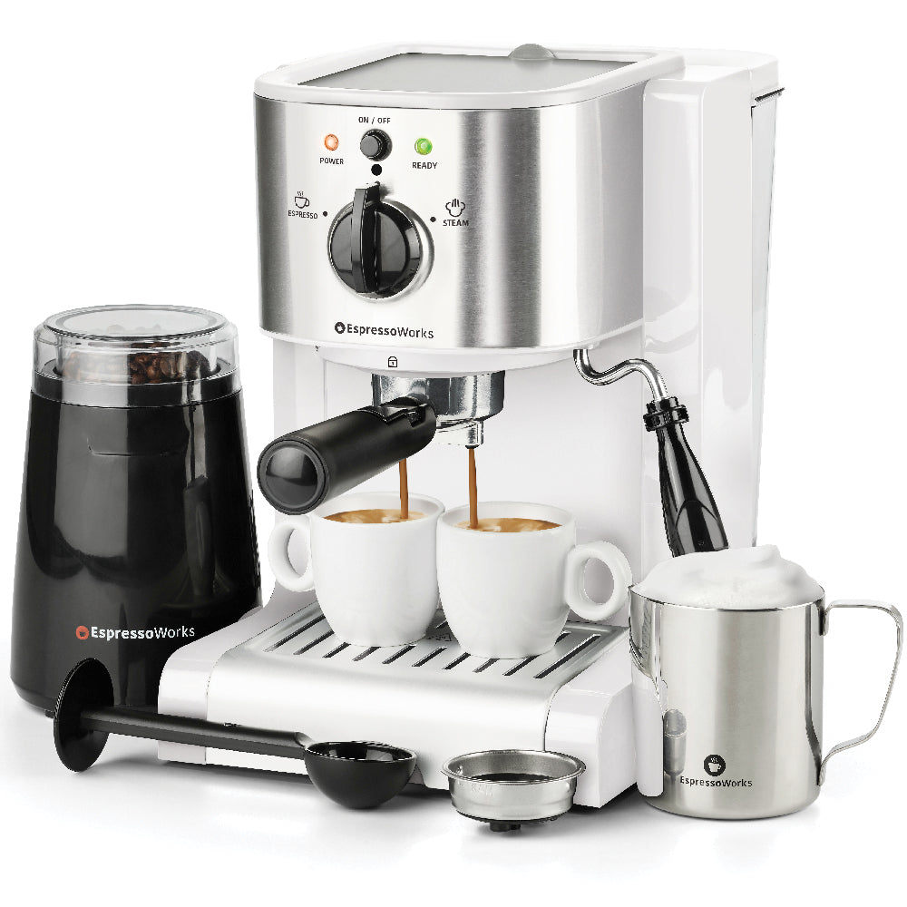 EspressoWorks All-In-One Espresso Machine with Milk Frother 7-Piece Set -  Latte Maker Includes Grinder, Frothing Pitcher, Cups, Spoon and Tamper 