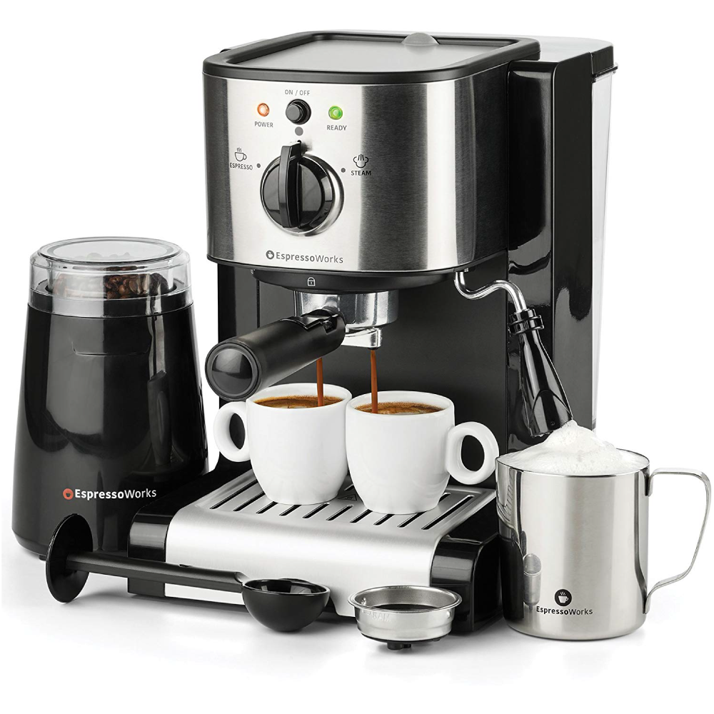 EspressoWorks All-In-One Espresso Machine with Milk Frother 7-Piece Set -  Cappuccino Maker Includes Grinder, Frothing Pitcher, Cups, Spoon and Tamper